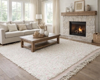 Beni ourain rug with pink dots - Moroccan rug hand knotted - Custom size rug - Minimalist rug - Genuine lamb wool - Berber wool rug