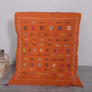 Small orange kilim rug 3.5 x 4.6 ft – Orange wool moroccan rug – Handmade wool flatweave rug – Colorful tribal geometric rug