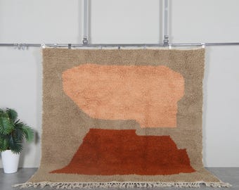 Abstract Moroccan shag rug 7.4x7.4 ft - Handmade wool Berber carpet with peach and rust details - Plush square area rug