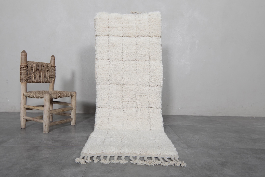Handmade Moroccan Beni Ourain Runner Rug in Soft Ivory With Geometric ...