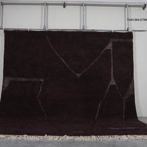 May include: A large, dark brown rug with a geometric design in lighter brown. The rug has a thick, textured pile and a fringe along the bottom edge. The rug is hanging from a metal bar against a white wall.