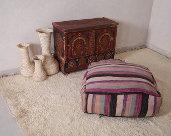 Pouf cushion for boho bedroom seating - Handmade 24x24 inch Kilim Floor Pouf Cushion for Bohemian Decor & Moroccan Style