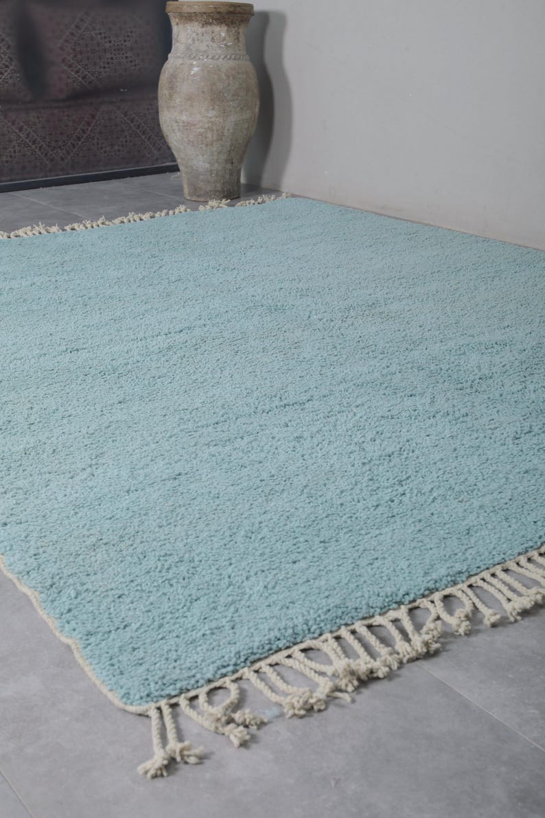 May include: A light blue rug with a fringe border. The rug is made of a soft, fluffy material.