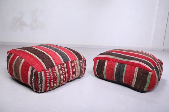 Two Moroccan Pouf 24 X 24 INCHES Red Stripes on SALE Moroccan Pouf