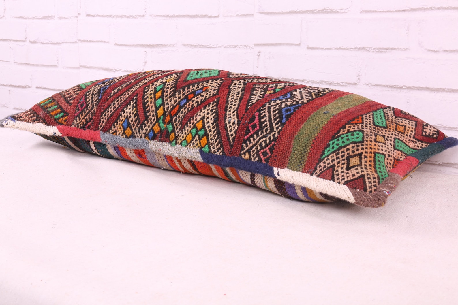 Handwoven Wool Pillow with Berber Diamond Motifs and Striped Reverse — view 7