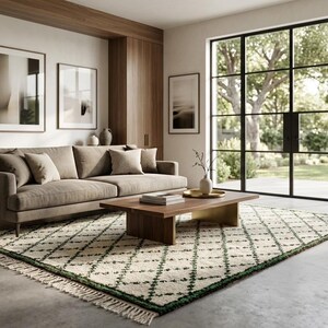 K&ouml;nnte beinhalten: Ein modernes Wohnzimmer mit einem beigefarbenen Sofa, einem Couchtisch aus Holz und einem gemusterten Teppich. Gro&szlig;e Fenster bieten einen Blick ins Freie, und gerahmte Kunstwerke schm&uuml;cken die W&auml;nde. Eine Topfpflanze sorgt f&uuml;r einen Hauch von Gr&uuml;n.