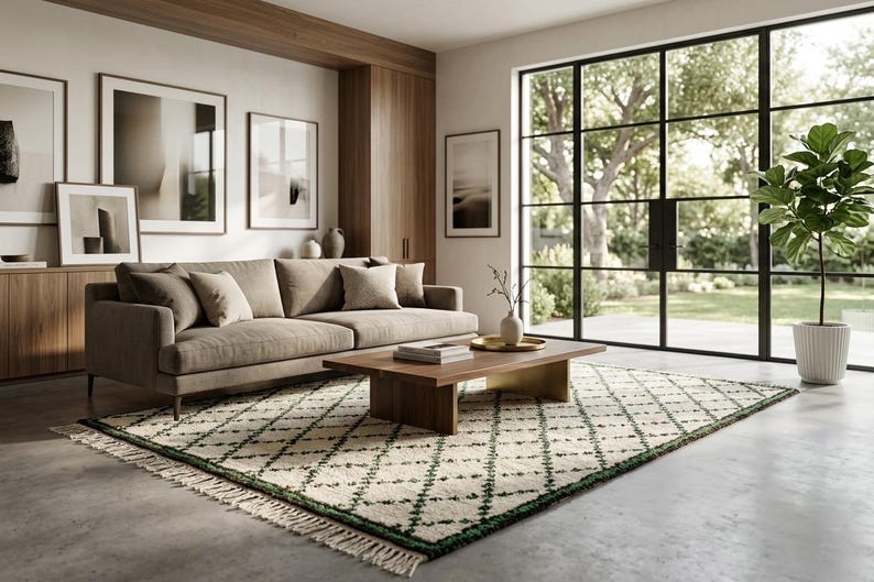 K&ouml;nnte beinhalten: Ein modernes Wohnzimmer mit einem beigefarbenen Sofa, einem Couchtisch aus Holz und einem gemusterten Teppich. Gro&szlig;e Fenster bieten einen Blick ins Freie, und gerahmte Kunstwerke schm&uuml;cken die W&auml;nde. Eine Topfpflanze sorgt f&uuml;r einen Hauch von Gr&uuml;n.