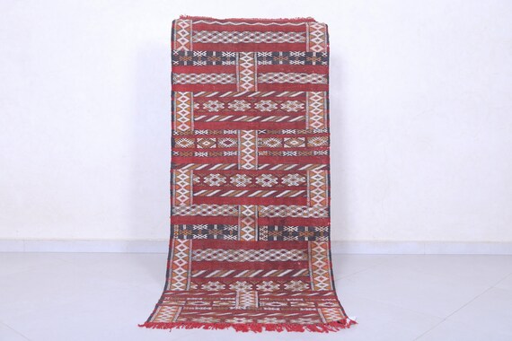 Berber tribal runner kilim rug 2.5 x 5.7 feet - moroccan narrow wool flatweave - red and brown geometric kilim - handmade hallway accent rug