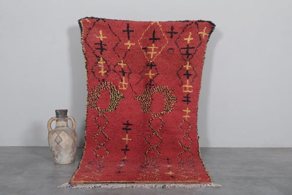Red Moroccan rug 3.5 x 7 feet runner rug - vintage rug - handmade rug - moroccan berber rug - boujaad rug - boho rug - morocco rug