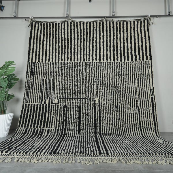 Beni ourain rug black and white  - Striped moroccan rug - Wool berber rug - Custom size rug - Living room rug - Genuine lamb wool - Boho rug
