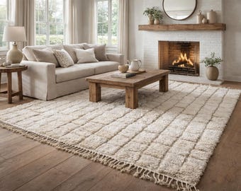 Beni ourain rug grid design  - Cream moroccan wool rug - Handmade berber carpet - Minimalist custom size rug - Boho interior decor