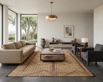 Op de afbeelding: Een moderne woonkamer met neutrale tinten. Een beige bank, twee donkergrijze fauteuils en een houten salontafel staan op een patroonkleed. Een groot raam biedt uitzicht op de buitenwereld. Een gouden hanglamp hangt aan het plafond.