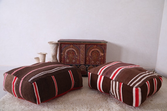 Moroccan Pillow Covers 24 X 24 INCHES Two Square Pouf Vintage Kilim  Moroccan Pouf Ottoman Decorative Pillows Brown Kilim Pouf Rug 