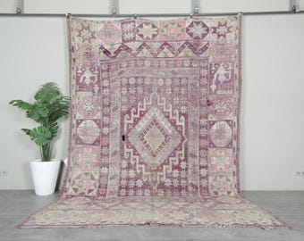 Tapete vintage grande de 2,2 x 3,3 m - Tapete roxo desbotado marroquino - Tapete boho desgastado - Kilim berbere feito à mão - Tapete de lã