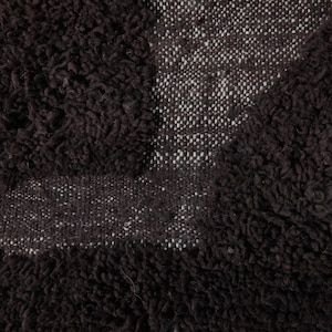 May include: Close-up of a dark brown, textured rug. The rug has a shaggy, looped pile with a lighter, woven stripe running through the center. The contrasting textures create visual interest, suitable for home decor.