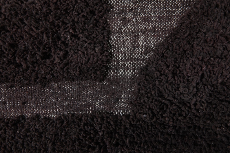 May include: Close-up of a dark brown, textured rug. The rug has a shaggy, looped pile with a lighter, woven stripe running through the center. The contrasting textures create visual interest, suitable for home decor.