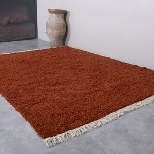May include: A rust-colored shag rug with a white fringe border. The rug is laid out on a gray tiled floor.