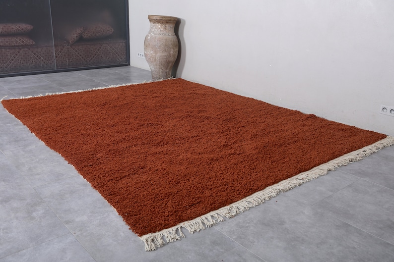 May include: A rust-colored shag rug with a white fringe border. The rug is laid out on a gray tiled floor.