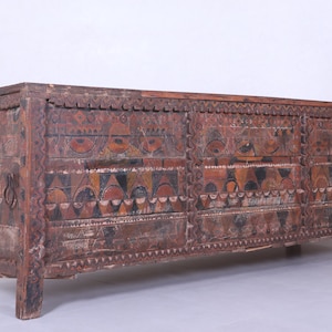 Moroccan Berber Wooden Trunk – Hand-Painted Vintage Chest 8.3ft Wide - Vintage Moroccan Trunk – Handcrafted Berber Wooden Chest