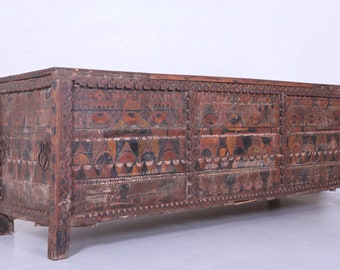 Large Wood chest - Wooden Trunk - Moroccan Old trunk - Large Moroccan Vintage chest H 3.1ft x W 8.3ft x D2.6ft - Painted chest - Large trunk