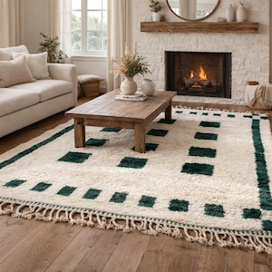 Beni ourain rug in cream and green square  - Moroccan wool rug  - Handmade berber carpet - Custom size - Geometric design - Boho decor