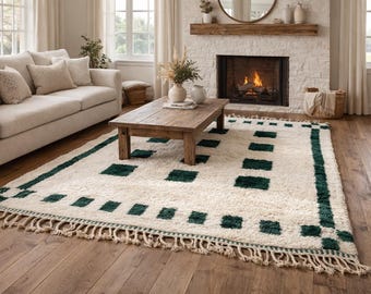Beni ourain rug in cream and green square  - Moroccan wool rug  - Handmade berber carpet - Custom size - Geometric design - Boho decor
