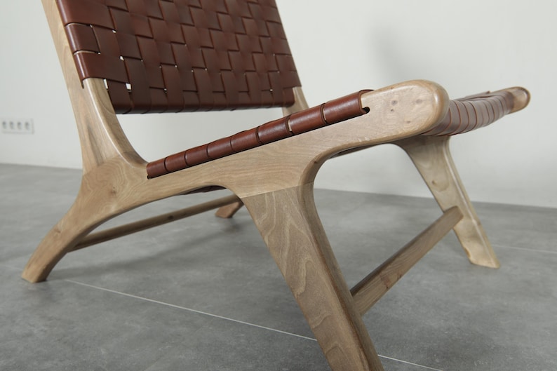 Handmade Brown Leather Moroccan Chair – Walnut Wood Lounge Armchair image 9