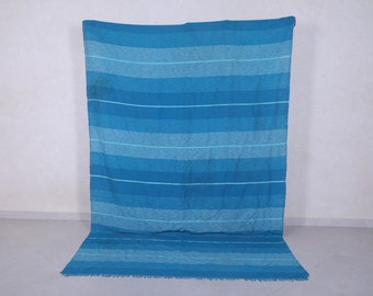 Blue moroccan Kilim area rug 5.7 x 9 feet - Handmade blue wool Flatweave - Ocean stripe boho rug - Colorful living room floor rug
