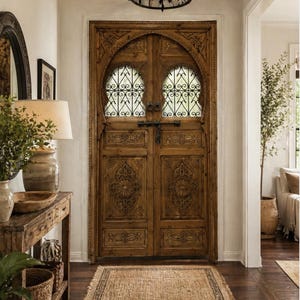 Porta in legno di cedro marocchino intagliata a mano / Ingresso ad arco personalizzato in stile riad, doppie porte moresche decorate per interni o esterni