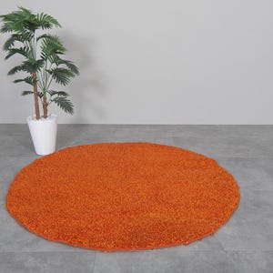 May include: A round, orange shag rug on a gray tiled floor.