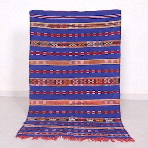 Blue moroccan kilim rug 2.7 x 4.9 feet – Handmade Berber kilim – Colorful tribal striped flatweave wool rug – Bohemian kilim rug