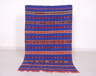 Blauer marokkanischer Kelim Teppich – Handgemachte Berber Wolle mit Stammes-Mustern (70 x 150 cm)