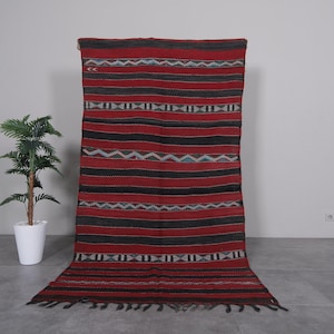 Red striped kilim rug 4.4 x 8.5 feet – Moroccan striped wool rug – Vintage tribal kilim rug – Handmade Berber kilim rug – Bohemian area rug