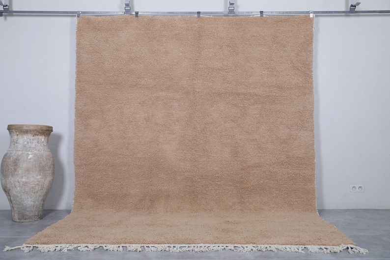 May include: A large, light brown, shag rug with a white fringe border. The rug is hanging on a wall with a white background.