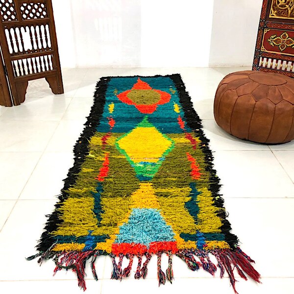 Berber rug, Bohemian, Handmade rugs, Hand knotted rugs, 2.5ft x 7.2ft, Boucherouite rug, Boucherouite, rag rug, Moroccan rug,