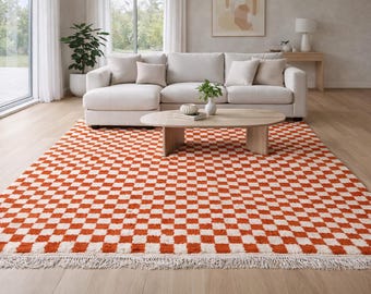 Geruit Marokkaans tapijt - Berber geruit tapijt - Oranjerode kleur tapijt - Handgemaakt Marokkaans tapijt - Dambordtapijt - Beni Ourain-tapijt