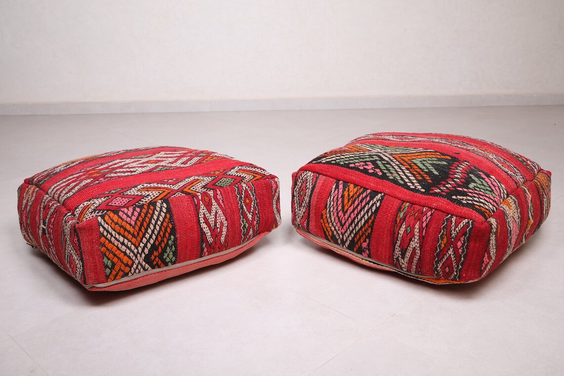 Puf kilim rojo Almohada hecha a mano 2 Cojín de piso puf | Etsy