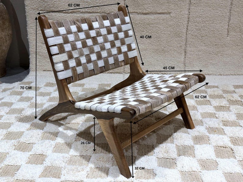 Checkered chair armchair - moroccan leather and Original walnut wood chair - elegant set - relaxing read - handmade checkers indoor chair image 2
