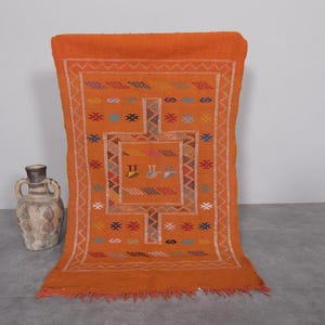 Orange Moroccan kilim rug 3 x 4.9 feet – Bold small orange wool kilim rug –  Handmade Berber boho flatweave – Small orange flatweave kilim