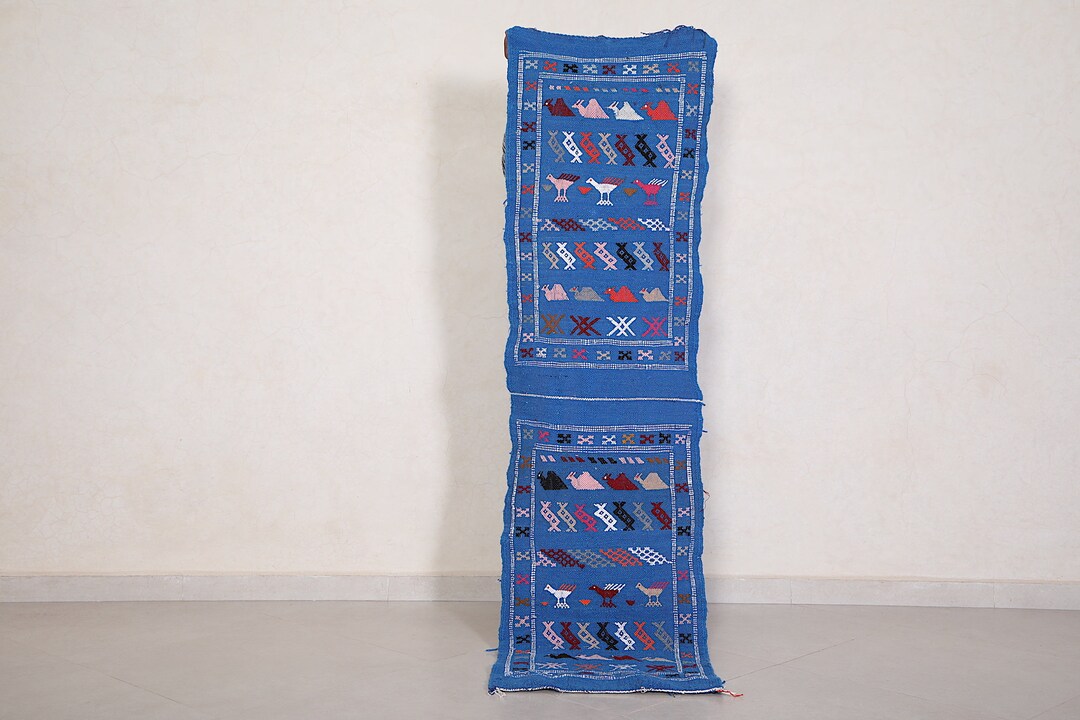 Blue Moroccan Kilim Runner Rug 1.7 X 6.2 Ft – Handmade Blue Berber Wool ...