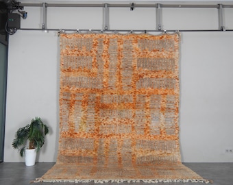 Orange Moroccan Rug 8.1 x 11.7 feet – Abstract Wool Shag Rug – Geometric Berber Carpet – Handmade Modern Area Rug