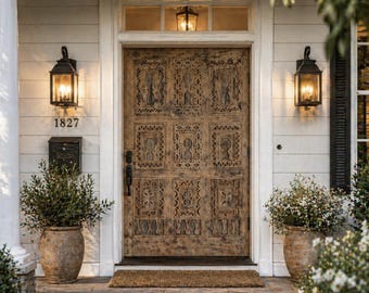 May include: A weathered wooden front door with intricate carvings is the focal point of this exterior shot. Flanking the door are two black lanterns, and the number "1827" is visible. Potted plants and a welcome mat complete the inviting entrance.
