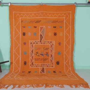 Vintage orange kilim rug 5 x 7.6 ft – Orange moroccan wool kilim rug – Handmade orange Berber rug – Colorful geometric area kilim rug