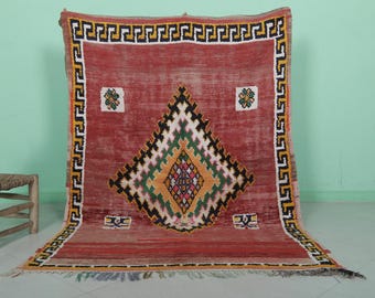 Vintage rood Marokkaans tapijt van 4,2 x 6,1 voet - Handgemaakt berberrood wollen tapijt - Rood tribaal geometrisch tapijt met gedurfde diamant - Boho-tapijt voor kleine oppervlakken