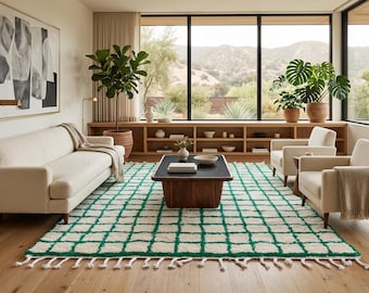 Moroccan grid rug - Handmade rug - Berber rug - Contemporary rug - Moroccan green rug - Beni ourain rug - Moroccan green rug - Grid rug