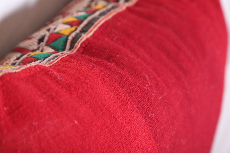 May include: Close-up of a red throw pillow with a colorful embroidered design. The pillow is made of a soft, fuzzy fabric.