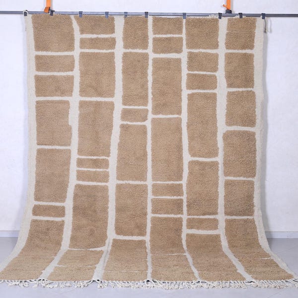 Custom beige grid moroccan rug – Handmade wool berber carpet – Minimalist neutral area rug – Modern geometric wool rug