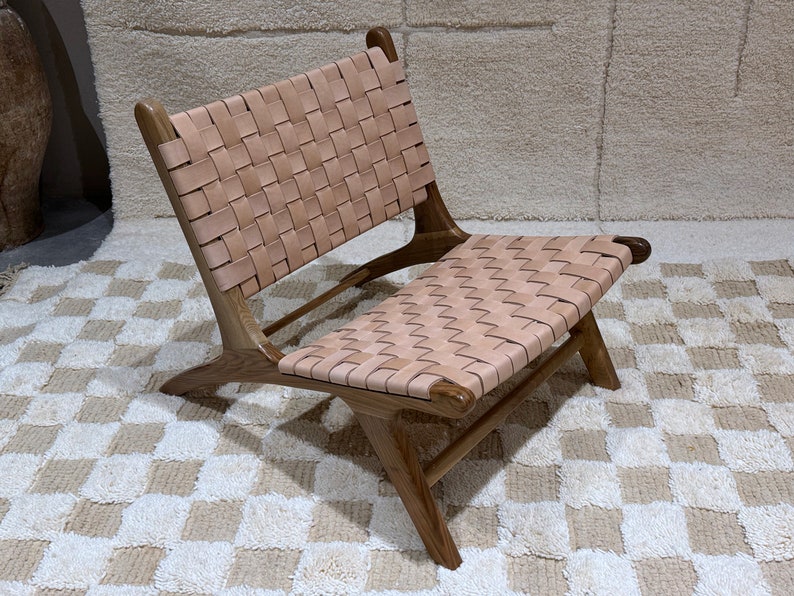 Moroccan chair armchair tan - leather and Original walnut wood chair - elegant set - relaxing read - handmade tan indoor Chair image 9
