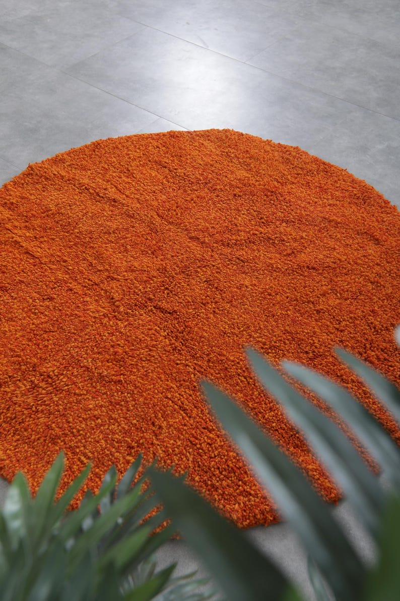 May include: A round, orange shag rug with a soft, fluffy texture. The rug is on a gray floor and a green plant is in the foreground.