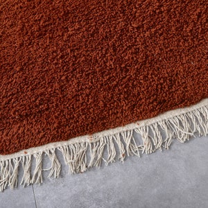 May include: A close-up of a rust-colored rug with a white fringe border. The rug is made of a soft, fluffy material.